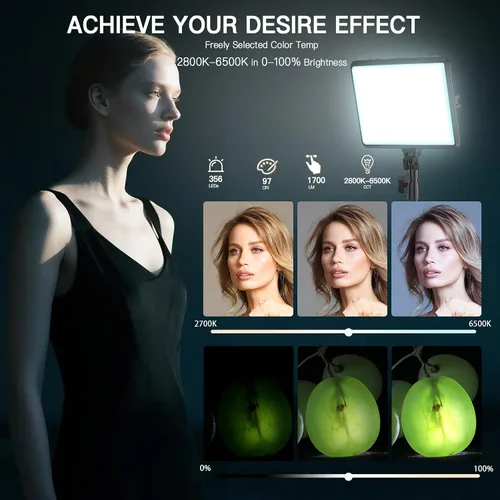 Vista 3 de 1 paquete de kit de luz de video LED, kit de iluminación de fotografía NiceVeedi, luz de estudio ajustable de 2800-6500K con soporte de trípode