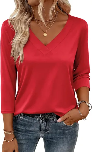 Vista 7 de Zeagoo Camisetas de manga 3/4 para mujer, cuello en V, blusa casual elegante, camisetas básicas 2026, ropa de moda S-2XL