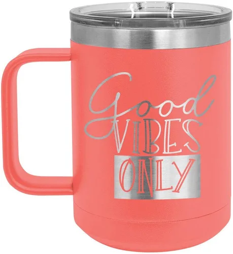Vista 14 de Good VIBES SOLO Taza de café de 15 oz con tapa superior deslizante Taza de café de viaje aislado Ideas de regalo de cumpleaños o Navidad de Negro