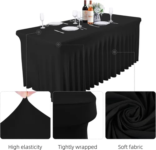 Vista 8 de Besutolife - Faldas de mesa de elastano negro para mesas rectangulares de 4 pies, diseño de una pieza, mantel para fiestas de cumpleaños, bodas