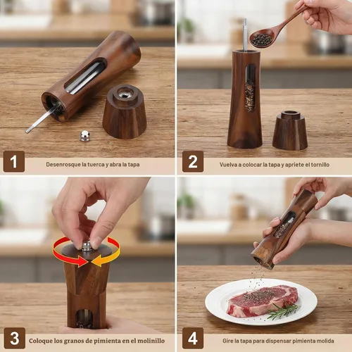 Vista 5 de Juego de molinillo de sal y pimienta de madera, molinillo de sal y pimienta de madera recargable manual de 8 pulgadas con cepillo, bandeja
