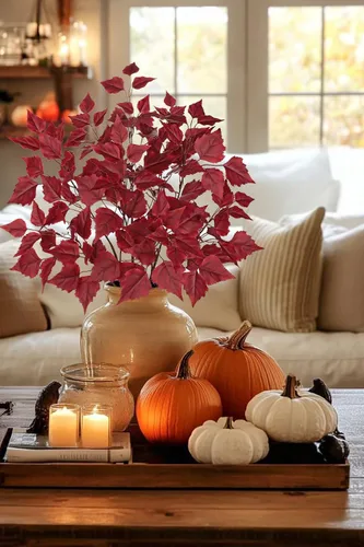 Vista 3 de Hollyone 3 hojas de abedul artificiales de otoño con tallos de seda de 33 pulgadas, ramas de hojas de otoño de color burdeos sintético, decoración
