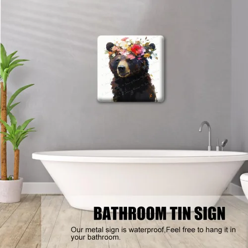Vista 2 de Divertida decoración de oso para baño y bañera, letrero de metal para decoración de pared, oso para amantes de las mascotas, regalo de granja