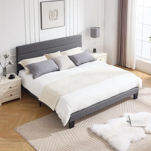 Vista 14 de Armazón de Cama de Plataforma Tamaño Full, Armazón de Cama con Cabecera de Tela Suave con Listones de Madera Resistentes – Moderno y Sin Ruido, Base