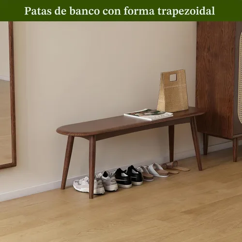 Vista 4 de Banco de entrada de madera de roble macizo de 47 pulgadas, banco de comedor con diseño redondeado en forma de baguette, banco de madera multiusos