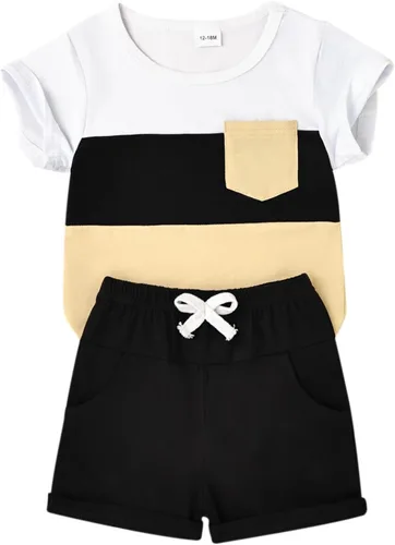 Vista 77 de Ropa para bebé niño pequeño, trajes de verano de manga corta, camiseta de retazos y pantalón con bolsillo, conjunto de 2 piezas, 12 meses a 4 años
