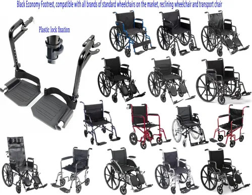 Vista 2 de Reposapiés económico para sillas de ruedas estándar y silla de transporte, plantillas compuestas y trabillas para el talón, reposapiés universales