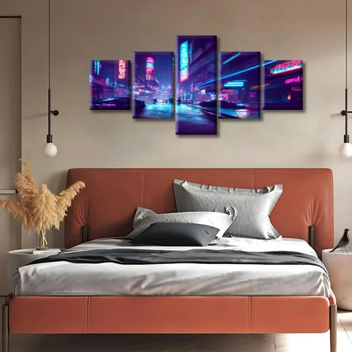 Vista 387 de Cuadros de 5 paneles de Cyberpunk City, arte de pared, representación de vallas publicitarias, edificios modernos en la capital con obras de arte