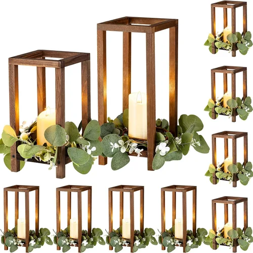 Vista 9 de Geelin 10 piezas de linterna de madera para centro de mesa de boda, linterna de vela de madera, portavelas decorativo para mesa de fiesta de boda