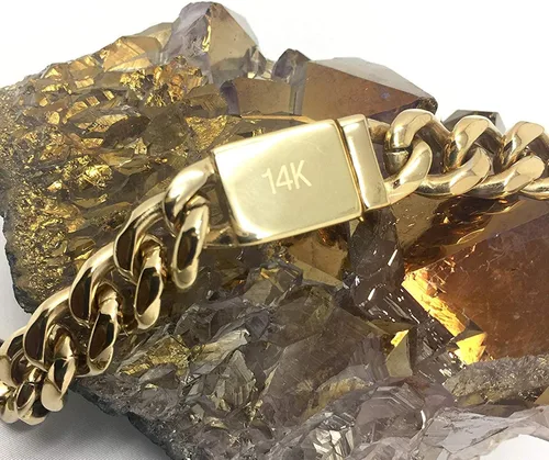 Vista 3 de HOLLYWOOD JEWELRY Collar de cadena cubana de oro de 0.433 in para hombres y mujeres, cierre fuerte real de 14 quilates, corte de diamante de oro