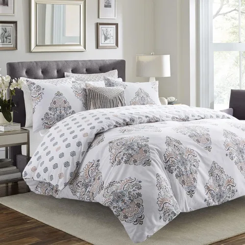 Vista 17 de Sleepbella - Edredón tamaño individual, algodón de 600 hilos, patchwork a rayas en blanco y azul marino, diseño reversible en azul, con relleno