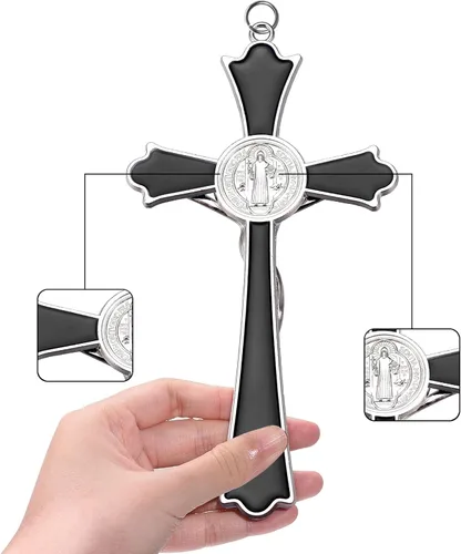 Vista 4 de Crucifijo de metal esmaltado de 8 pulgadas con cruz católica INRI para pared, decoración artística para dar bendición y lo sagrado espiritual: Negro