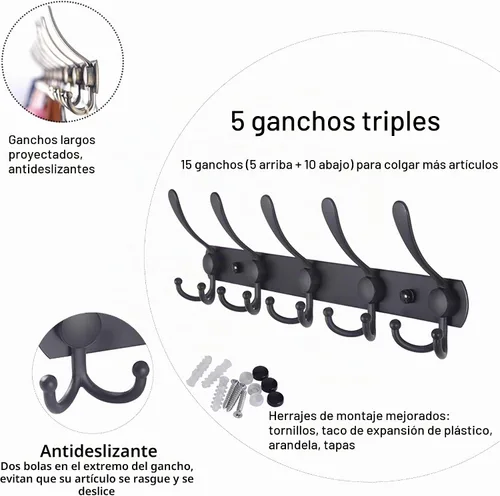 Vista 2 de WEBI Perchero de Pared Montado en Pared, Ganchos para Abrigos Montado en Pared, 5 Ganchos Tri para Colgar Abrigos, Colgador de Pared para Abrigos