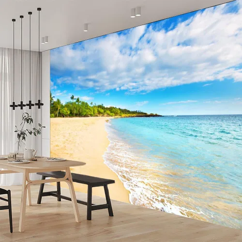 Vista 3 de Mural de pared 3D Ocean Beach, paisaje tropical, papel tapiz autoadhesivo extraíble para sala de estar, dormitorio, decoración de pared, 59 pulgadas