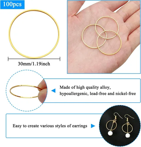 Vista 3 de Ximalun 100 aros de oro para aretes, 1.181 in, círculos redondos para hacer joyas