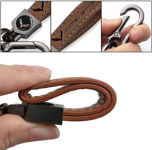 Vista 4 de KIKKS Llavero de cuero genuino para Corvette, llavero de acero inoxidable para mujeres y hombres, regalo familiar, Cuero-corv-ete-bn