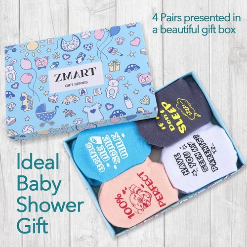 Vista 3 de Zmart Calcetines novedosos para bebés y niños pequeños, calcetines divertidos para bebés, regalos para baby shower, 4 pares