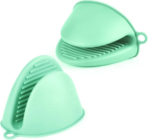 Vista 11 de AUAUY Mini manoplas para horno, 2 manoplas de horno pequeñas de 428.0 °F/428°F resistentes al calor con superficie antideslizante y guantes de lazo