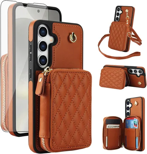 Vista 11 de Asuwish Funda de teléfono para Samsung Galaxy S25 5G Wallet Cell Cover con protector de pantalla de vidrio templado, correa cruzada de muñeca