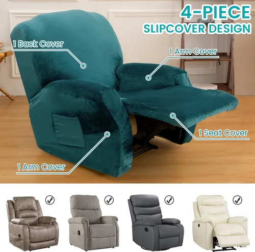 Vista 3 de MIFXIN Funda reclinable de terciopelo de 4 piezas, elástica de 1 asiento, fundas de sofá reclinable, fundas elásticas suaves para sillas Verde Oscuro