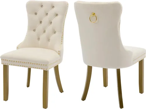 Vista 37 de Juego de 2 sillas de comedor de terciopelo, silla de comedor tapizada de alta gama con tirador de anillo en la espalda, adorno de clavos y patas