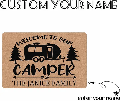 Vista 4 de Alfombras de camping con nombre personalizado, bienvenido a nuestra caravana, alfombrillas para exteriores, antideslizantes, coloridas, alfombra