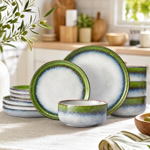 Vista 12 de Stoneware Dinnerware Sets for 8, Reactive Glaze, Beige