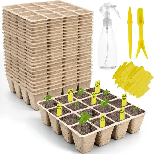 Vista 8 de Bandeja de inicio de semillas 100 celdas, macetas de turba biodegradables para plántulas, paquete de 10 vasos cuadrados de pulpa de 1.8 pulgadas