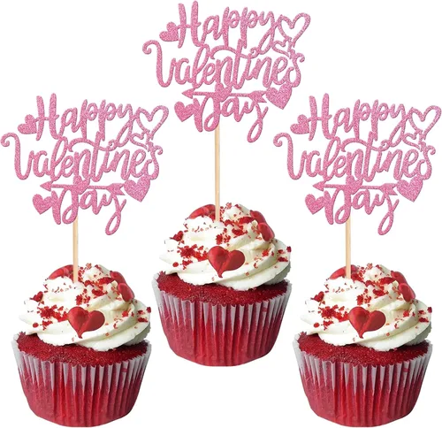 Vista 15 de Rsstarxi Paquete de 24 adornos para cupcakes para el día de San Valentín, con purpurina roja, dulce amor, para cupcakes, decoración de San Valentín