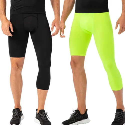 Vista 45 de Pantalones de compresión para hombre, mallas de compresión de una pierna para baloncesto, capri 3/4, leggings atléticos, capa base de secado fresco