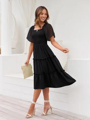 Vista 3 de LILLUSORY Vestido midi fruncido con cuello cuadrado y mangas con vuelo Negro