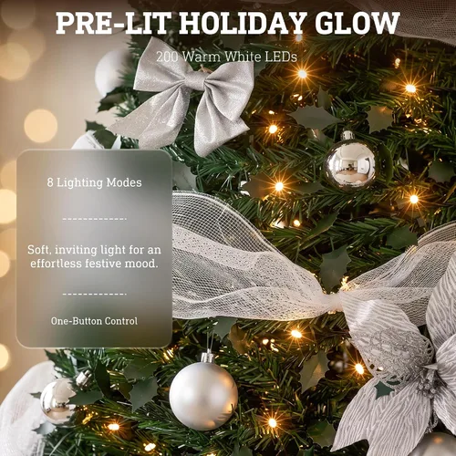 Vista 6 de Árbol de Navidad preiluminado de 6.4 pies con 200 luces LED y 8 modos de Árbol de Navidad artificial con 200 luces LED blancas cálidas, árbol