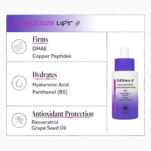 Vista 6 de DERMA E Ultra Lift DMAE suero concentrado – Suero reafirmante de la piel totalmente natural – Suero hidratante con péptidos de cobre y resveratrol