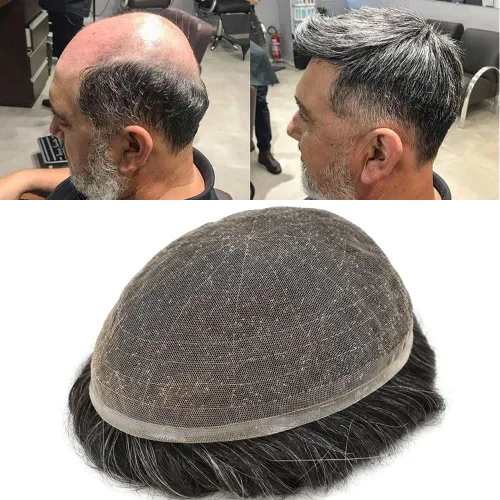 Vista 17 de Sistema de cabello para hombre, encaje francés suave, pieza de cabello humano real, nudos blanqueados, cabello frontal, tupé para hombres