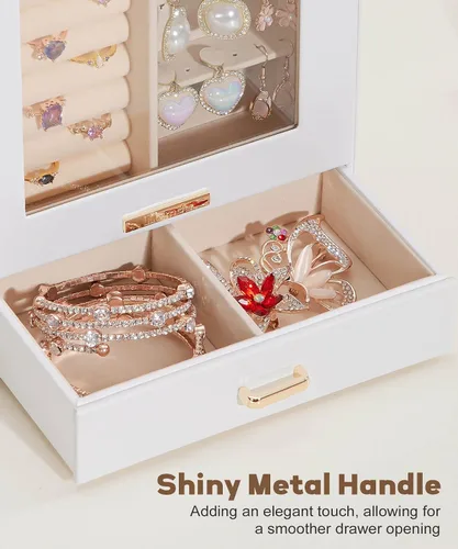 Vista 7 de Homde Organizador de joyas para niñas y mujeres, joyero para collares, anillos, aretes, regalo de Navidad, pulseras (blanco + dorado)