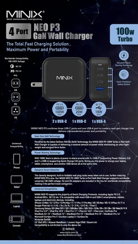 Vista 8 de MINIX P3 100W Turbo 4-Port GaN cargador de pared de viaje USB C PD