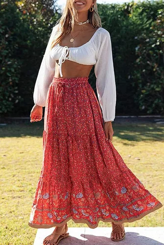 Vista 2 de SimpleFun Falda larga de cintura alta elástica con estampado floral bohemio para mujer con bolsillos