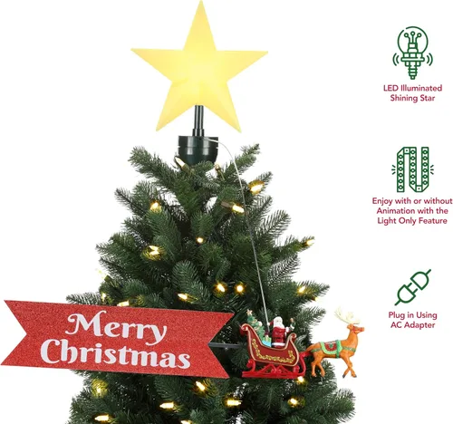 Vista 2 de Mr. Christmas Adorno de árbol animado de trineo de Papá Noel con pancarta, rojo (8 pulgadas)