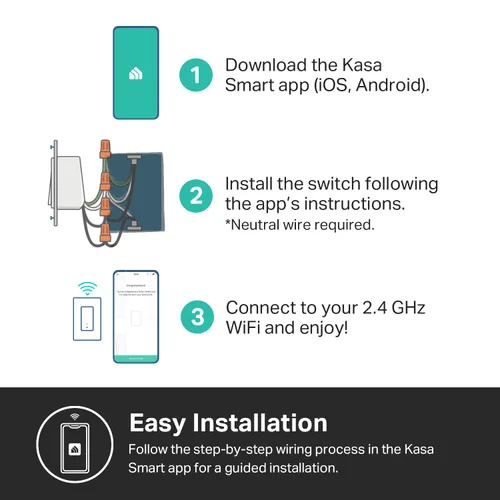 Vista 5 de Kasa Apple HomeKit - Interruptor de luz inteligente KS200, un solo polo, requiere cable neutro, interruptor de luz Wi-Fi de 2.4 GHz, funciona