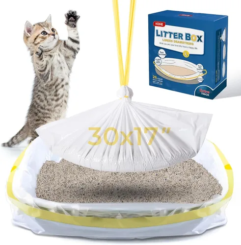 Vista 9 de KONE 45 forros para cajas de arena para mascotas, bolsas automáticas de arena para gatos, bolsas de basura para gatos con cordón grueso y a prueba