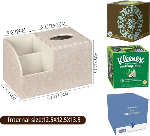 Vista 3 de Funda cuadrada de cuero PU para caja de pañuelos – Soporte multifuncional para caja de pañuelos, cubierta de caja de pañuelos con almacenamiento