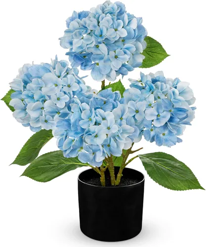 Vista 22 de Hollyone Flores artificiales de hortensias azules en maceta, flores grandes de seda de tres cabezas, arreglos florales falsos para interiores