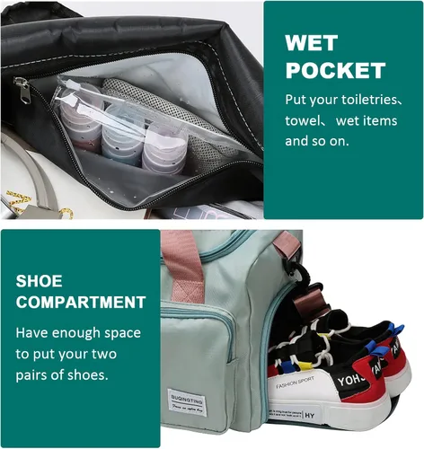 Vista 190 de Pequeña bolsa de gimnasio para mujer, bolsa de viaje con compartimento para zapatos