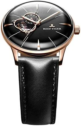 Vista 4 de REEF TIGER Relojes de vestir de lujo para hombre oro rosa Tourbillon relojes automáticos correa de cuero RGA8239