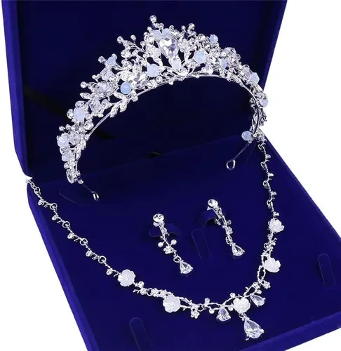 Vista 7 de Collar de flores tiaras nupciales conjuntos de joyería de moda corona pendientes gargantilla collar mujeres vestido de novia joyería conjunto