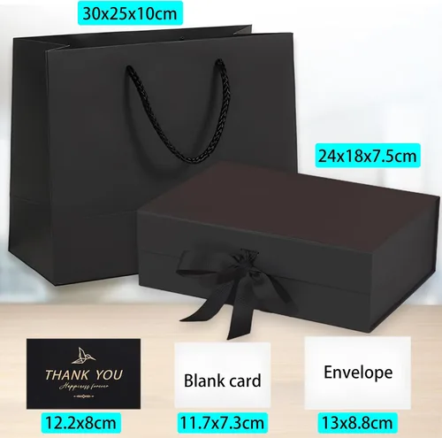 Vista 2 de Caja de regalo mediana negra con tapa, cinta, bolsa de regalo y tarjeta de felicitación, 9.4 x 7 x 3 pulgadas, cierre magnético, ideal