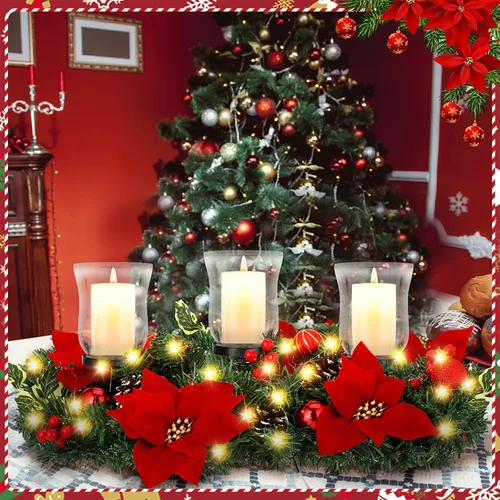 Vista 2 de Sliner Candelabro de Navidad para centro de mesa, candelabro de cristal de flor de pascua de Navidad, candelabro romántico para decoración de mesa