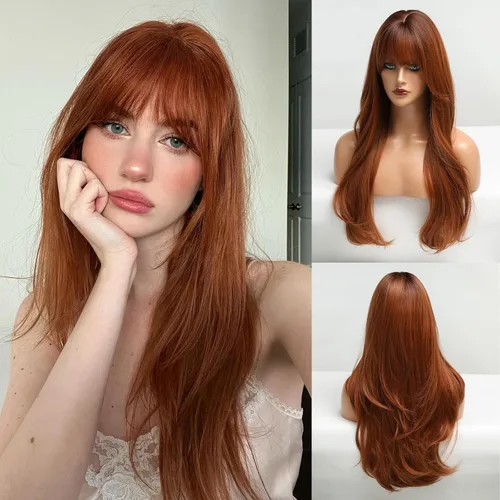 Vista 17 de HAIRCUBE Peluca larga rubia mezclada con marrón con flequillo, pelucas rizadas en capas para mujeres, pelucas sintéticas naturales para uso diario