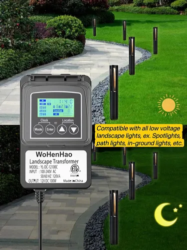 Vista 6 de Wohenhao Transformador de iluminación de bajo voltaje de 100 W para luces de paisaje de bajo voltaje de salida de 12 V CC, transformador de luces