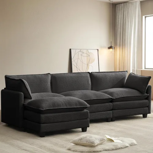 Vista 12 de ROWHY Sillón individual con otomano, sofá moderno de corduroy en forma de nube con chaise convertible, sofá tapizado para sala de estar, beige
